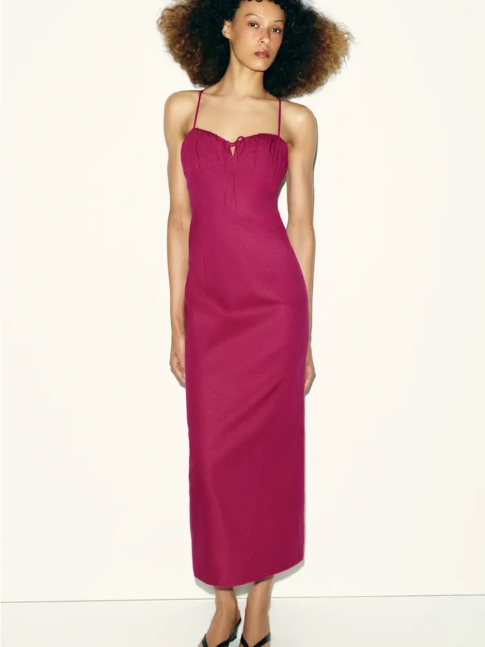 Zara Fitted Spaghetti-Strap Maxi Dress in Deep Pink
